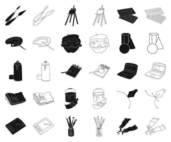 Peintre et dessin noir, icônes de contour dans la collection de jeu pour le design. Accessoires artistiques symbole vectoriel stock illustration web . — Image vectorielle