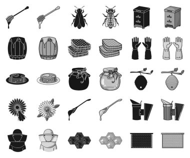 Arı kovanı ve arıcılık siyah, tek renkli simgeler set koleksiyonu tasarım için. Ekipman ve bal üretim sembol stok web illüstrasyon vektör.