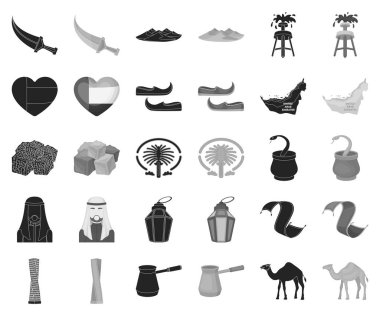 Ülke Birleşik Arap Emirlikleri siyah, tek renkli simgeler set koleksiyonu tasarım için. Turizm ve cazibe simge stok web illüstrasyon vektör.