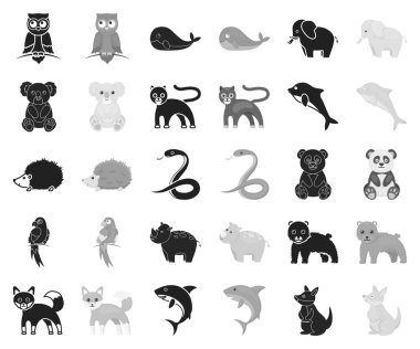 Gerçekçi olmayan bir hayvan siyah, tek renkli simgeler toplama tasarımı için ayarlayın. Oyuncak hayvanlar sembol stok web illüstrasyon vektör.