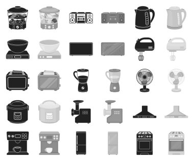 Set koleksiyonu tasarım için ev aletleri siyah, tek renkli simgeler türleri. Mutfak ekipmanları vektör simge stok web çizim.