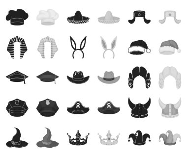 Set koleksiyonu tasarım için şapka siyah, tek renkli simgeler farklı türde. Headdress vektör simge stok web çizimi.