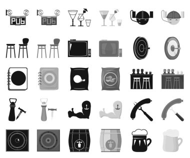 Pub, iç ve ekipman siyah, tek renkli simgeler set koleksiyonu tasarım için. Alkol ve yiyecek sembol stok web illüstrasyon vektör.