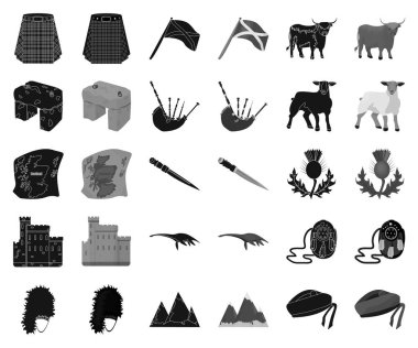 Ülke İskoçya siyah, tek renkli simgeler set koleksiyonu tasarım için. Gezi, kültür ve gelenek sembol stok web illüstrasyon vektör.