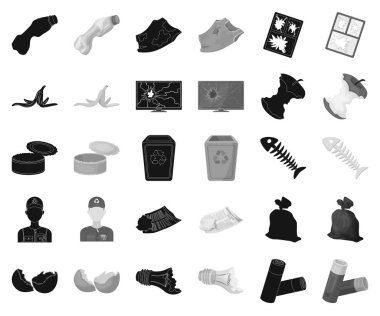 Çöp ve atık siyah, tek renkli simgeler set koleksiyonu tasarım için. Temizlik çöp vektör simge stok web çizimi.