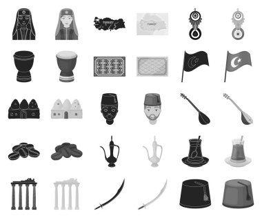 Türkiye'nin ülke siyah, tek renkli simgeler set koleksiyonu tasarım için. Sembol stok web illüstrasyon vektör seyahat ve konumlar.