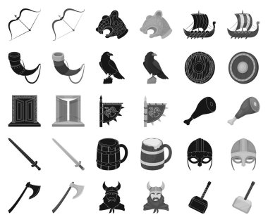 Vikingler ve öznitelikleri siyah, tek renkli simgeler set koleksiyonu tasarım için. Eski İskandinav savaşçı vektör simge stok web çizimi.