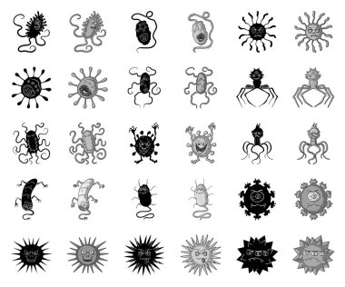 Set koleksiyonu tasarım için komik mikroplar siyah, tek renkli simgeler türleri. Patojenik mikroplar sembol stok web illüstrasyon vektör.