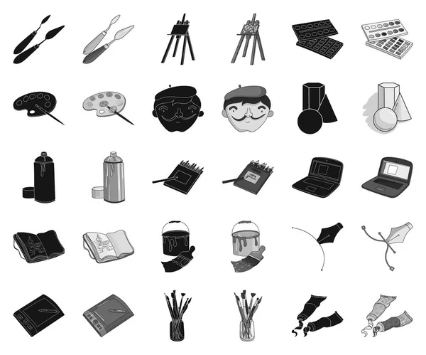 Schilder en tekening zwart, zwart-wit pictogrammen in set collectie voor design. Artistieke accessoires vector symbool voorraad web illustratie. — Stockvector