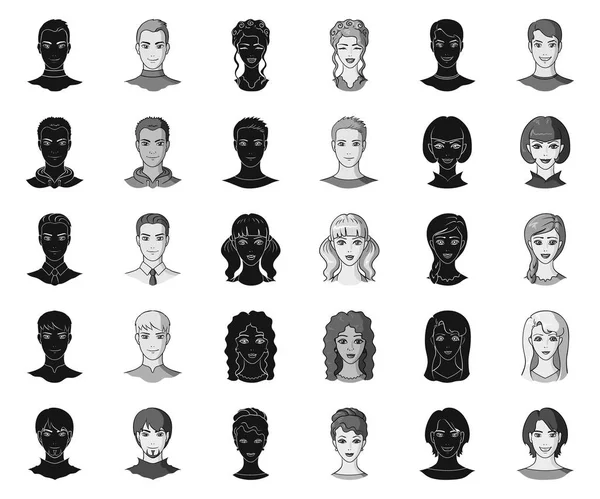 アバター、顔黒、白黒のアイコン デザインのセットのコレクション。人の外観ベクトル シンボル ストック web イラスト. — ストックベクタ