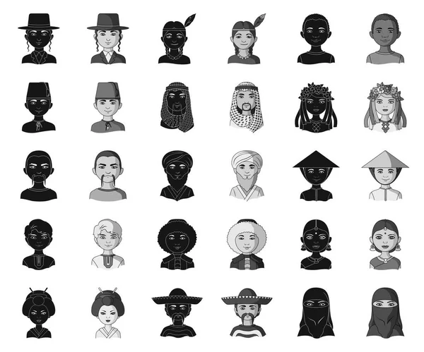 La raza humana negro, iconos monocromáticos en la colección de conjuntos para el diseño. Gente y nacionalidad vector símbolo stock web ilustración . — Archivo Imágenes Vectoriales