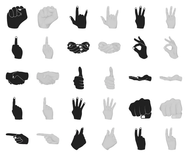 Mano gesto negro, iconos monocromáticos en la colección de conjuntos para el diseño. Palma y dedo vector símbolo stock web ilustración . — Vector de stock