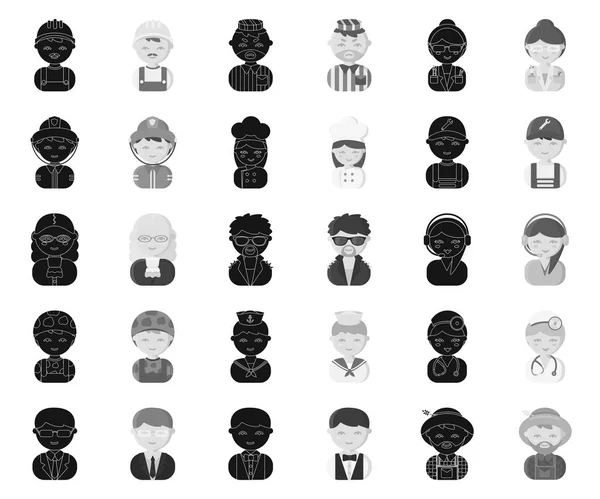 Pessoas de profissões diferentes ícones pretos, monocromáticos na coleção de jogo de desenho. Ilustração web do símbolo do vetor do trabalhador e do especialista . — Vetor de Stock