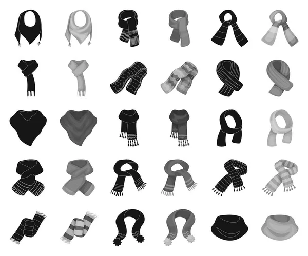 Sciarpa e scialle nero, icone monocromatiche nella collezione set per il design.Abbigliamento e accessori vettoriale simbolo stock web illustrazione . — Vettoriale Stock