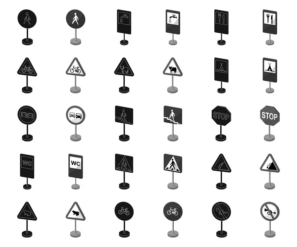 Verschiedene Arten von Verkehrsschildern schwarz, monochrome Symbole in Set-Kollektion für Design. Warn- und Verbotsschilder Vektor Symbol Stock Web Illustration. — Stockvektor