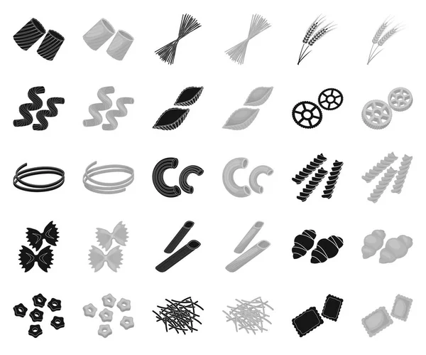 Typer av pasta svart, monokrom ikoner i set samling för design. Tänkte makaroner för att äta vektor symbol lager web illustration. — Stock vektor