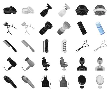 Berber ve ekipman siyah, tek renkli simgeler set koleksiyonu tasarım için. Saç kesimi ve tıraş sembol stok web illüstrasyon vektör.