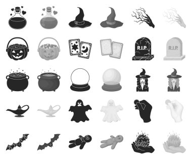 siyah, tek renkli ve beyaz sihir siyah, tek renkli simgeler set koleksiyonu tasarım için. Sembol stok web illüstrasyon vektör öznitelikleri ve büyücü aksesuarları.