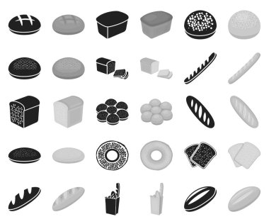 Set koleksiyonu tasarım için ekmek siyah, tek renkli simgeler türleri. Pastane sembol stok web illüstrasyon vektör.