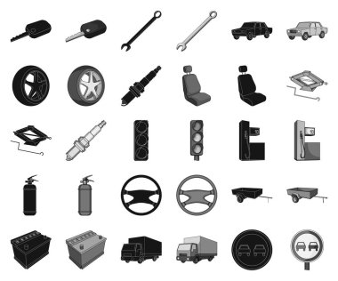 Araba, set koleksiyonu tasarım için araç siyah, tek renkli simgeler. Araba ve ekipman sembol stok web illüstrasyon vektör.