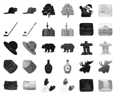 Ülke Kanada siyah, tek renkli simgeler set koleksiyonu tasarım için. Kanada ve dönüm noktası sembol stok web illüstrasyon vektör.