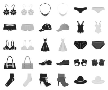 Giysi ve aksesuarları siyah, tek renkli simgeler set koleksiyonu tasarım için. Ayakkabı ve dekorasyon sembol stok web illüstrasyon vektör.