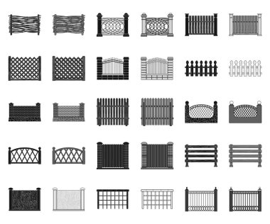 Set koleksiyonu tasarım için farklı çit siyah, tek renkli simgeler. Dekoratif eskrim sembol stok web illüstrasyon vektör.