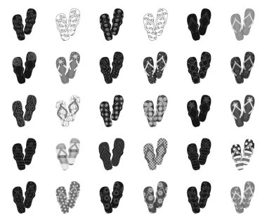 Parmak arası terlik siyah, tek renkli simgeler set koleksiyonu tasarım için. Beach ayakkabı sembol stok web illüstrasyon vektör.