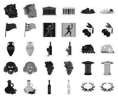 Ülke Yunanistan siyah, tek renkli simgeler set koleksiyonu tasarım için. Yunanistan ve dönüm noktası sembol stok web illüstrasyon vektör.