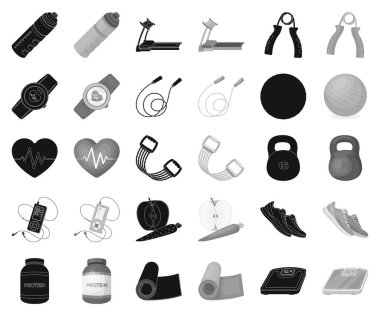 Spor salonu ve eğitim siyah, tek renkli simgeler set koleksiyonu tasarım için. Spor salonu ve ekipmanları sembol stok web illüstrasyon vektör.