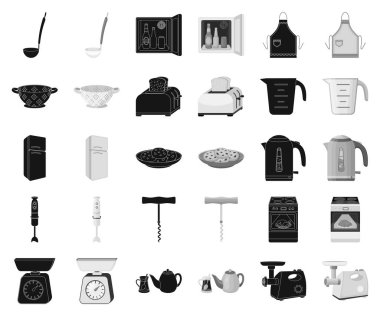 Mutfak ekipman siyah, tek renkli simgeler set koleksiyonu tasarım için. Sembol stok web illüstrasyon vektör mutfak ve aksesuarları.