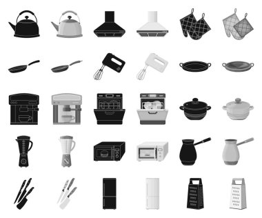 Mutfak ekipman siyah, tek renkli simgeler set koleksiyonu tasarım için. Sembol stok web illüstrasyon vektör mutfak ve aksesuarları.