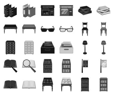 Kütüphane ve Kitabevi siyah, tek renkli simgeler set koleksiyonu tasarım için. Kitap ve mobilyalar sembol stok web illüstrasyon vektör.