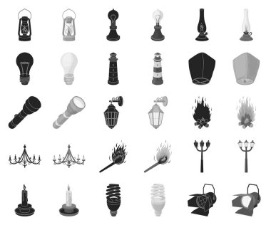 Set koleksiyonu tasarım için ışık kaynağı siyah, tek renkli simgeler. Işık ve ekipman sembol stok web illüstrasyon vektör.