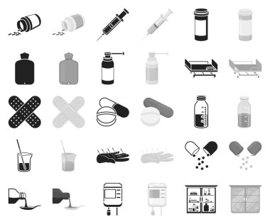 İlaç ve tedavi siyah, tek renkli simgeler set koleksiyonu tasarım için. Tıp ve ekipman sembol stok web illüstrasyon vektör.