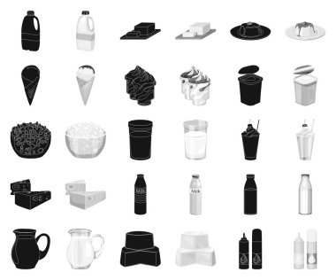 Süt ürün siyah, design.Milk ve gıda için küme toplama tek renkli simgeler simge stok web illüstrasyon vektör.