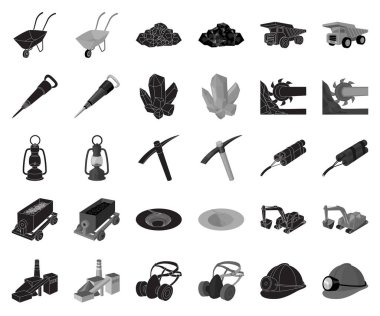 Madencilik Sanayi siyah, tek renkli simgeler set koleksiyonu tasarım için. Cihazlar ve sembol stok web illüstrasyon vektör.