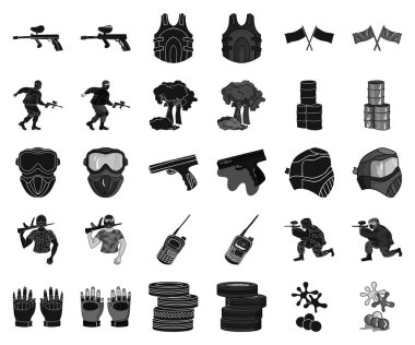 Paintball takım oyun siyah, tek renkli simgeler set koleksiyonu tasarım için. Ekipman ve kıyafet sembol stok web illüstrasyon vektör.
