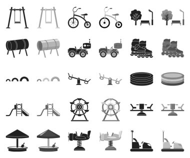 Bahçesi, set koleksiyonu tasarım için eğlence siyah, tek renkli simgeler. Sembol stok web illüstrasyon vektör cazibe ve ekipman.