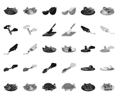 Set koleksiyonu tasarım için Pişirme Gıda siyah, tek renkli simgeler. Mutfak, cihazlar ve sembol stok web illüstrasyon vektör.