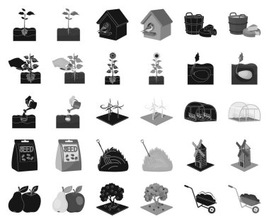 Çiftlik ve tarım siyah, tek renkli simgeler set koleksiyonu tasarım için. Bahçe ve bitki izometrik vektör simge stok web çizim.