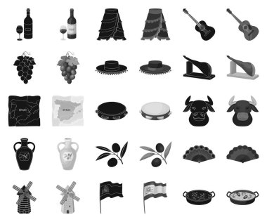 İspanya ülke siyah, tek renkli simgeler set koleksiyonu tasarım için. Sembol stok web illüstrasyon vektör seyahat ve konumlar.