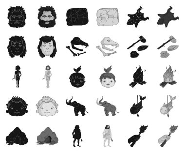 Set koleksiyonu tasarım için Taş Devri siyah, tek renkli simgeler hayatta. Eski insanlar sembol stok web illüstrasyon vektör.