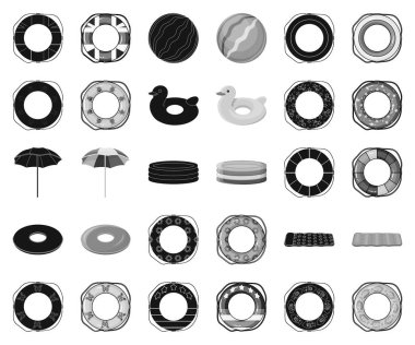 Yüzme necklac set koleksiyonu tasarım için siyah, tek renkli simgeler daire içine alın. Farklı lifebuoys sembol stok web illüstrasyon vektör.