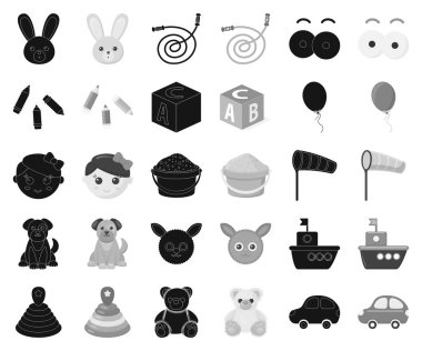 Çocuk oyuncak siyah, tek renkli simgeler set koleksiyonu tasarım için. Oyun ve önemsiz şey sembol stok web illüstrasyon vektör.