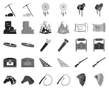 Set koleksiyonu tasarım için vahşi batı siyah, tek renkli simgeler öznitelikleri. Texas ve Amerika sembol stok web illüstrasyon vektör.