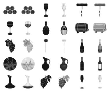 Set koleksiyonu tasarım için şarap ürünleri siyah, tek renkli simgeler. Sembol stok web illüstrasyon vektör ekipman ve şarap üretimi.