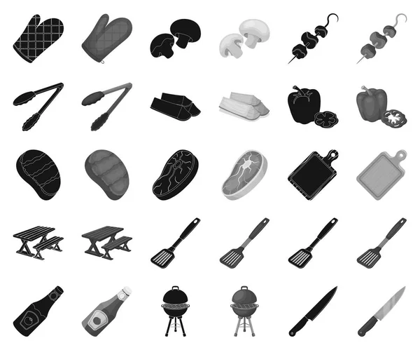 Churrasco e equipamentos preto, ícones monocromáticos em coleção de conjuntos para design. Piquenique e frito alimento vetor símbolo web ilustração . —  Vetores de Stock