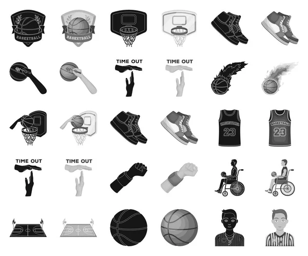 농구 및 특성 검정, 흑백 아이콘 디자인에 대 한 설정된 컬렉션. 농구 선수 및 장비 벡터 기호 재고 웹 일러스트 레이 션. — 스톡 벡터