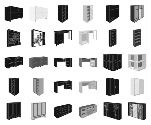 Muebles de dormitorio negro, iconos monocromáticos en colección de conjuntos para el diseño. Muebles de madera modernos vector isométrico símbolo stock web ilustración . — Vector de stock
